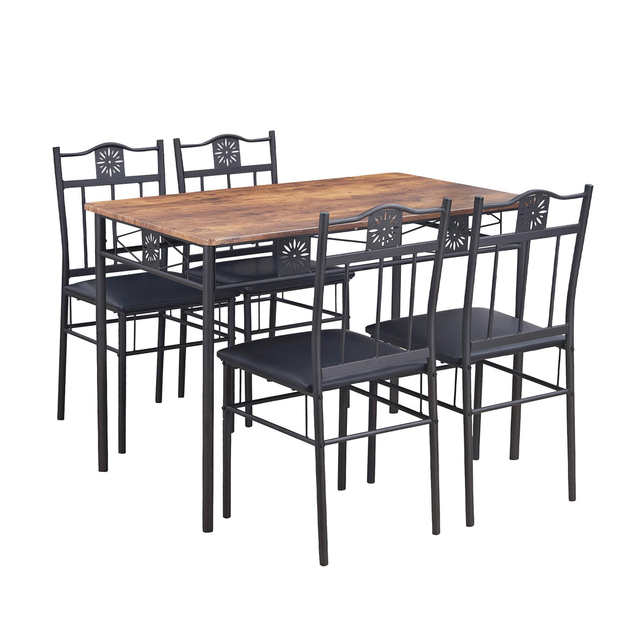 VECELO Kitchen Dining Room Table Sets for 4, 5 Piece Metal and Wood Rectangular Breakfast Nook, Dinette with Chairs, Retro Brown VECELO