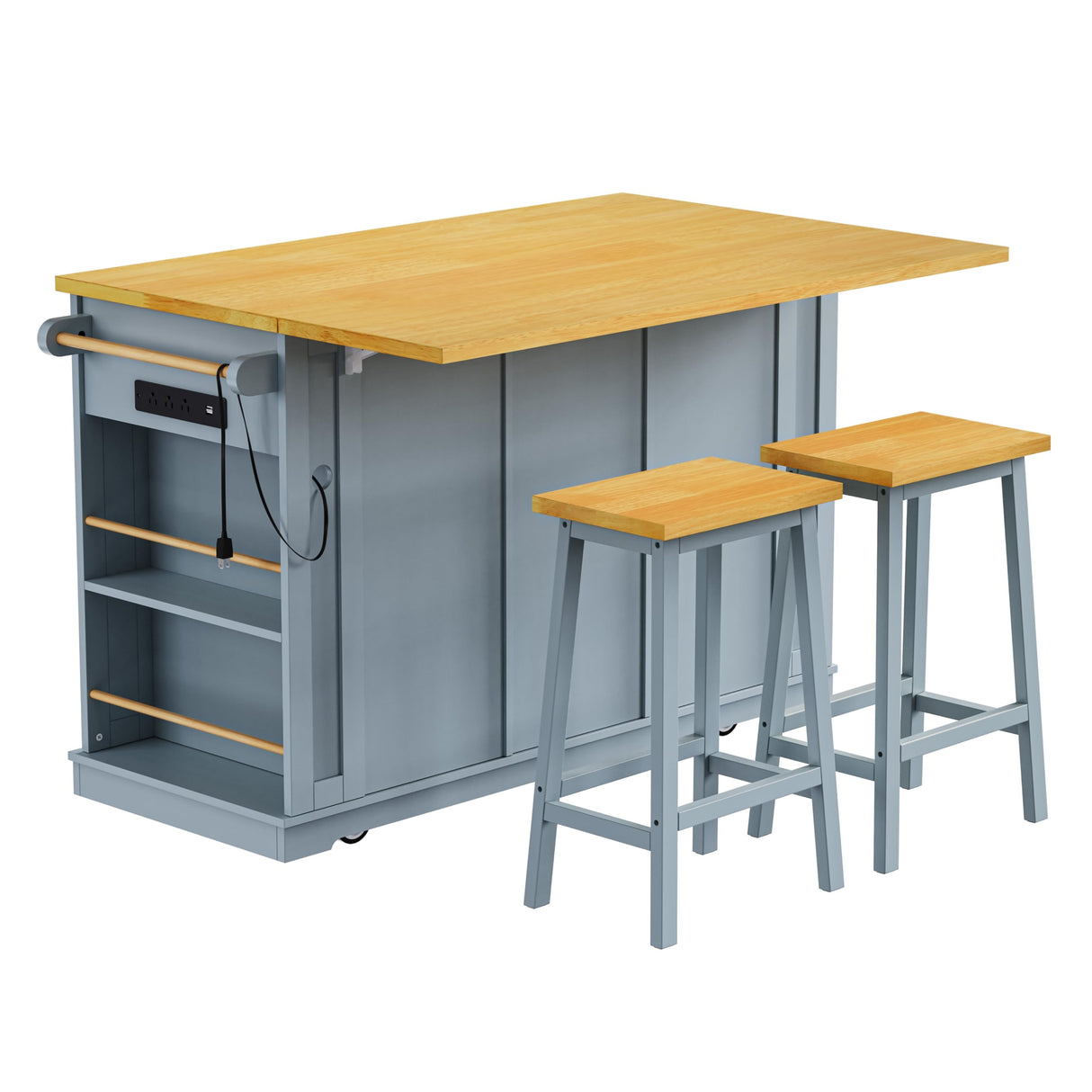 Yayzy Rolling Kitchen Island with 2 Bar Stools, Drop Leaf & Power Outlet, Large Kitchen Islands Cart on Wheels, Movable Island with 5 Open Shelves & Towel Rack for Dining Room, 53″, Grey Blue Yayzy