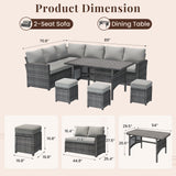 U-MAX 7 Pieces Patio Furniture Set, Outdoor Sectional Sofa Conversation Set, All Weather Wicker Rattan Dining Table & Chair with Ottoman, Grey Rattan&Grey Cushion U-MAX
