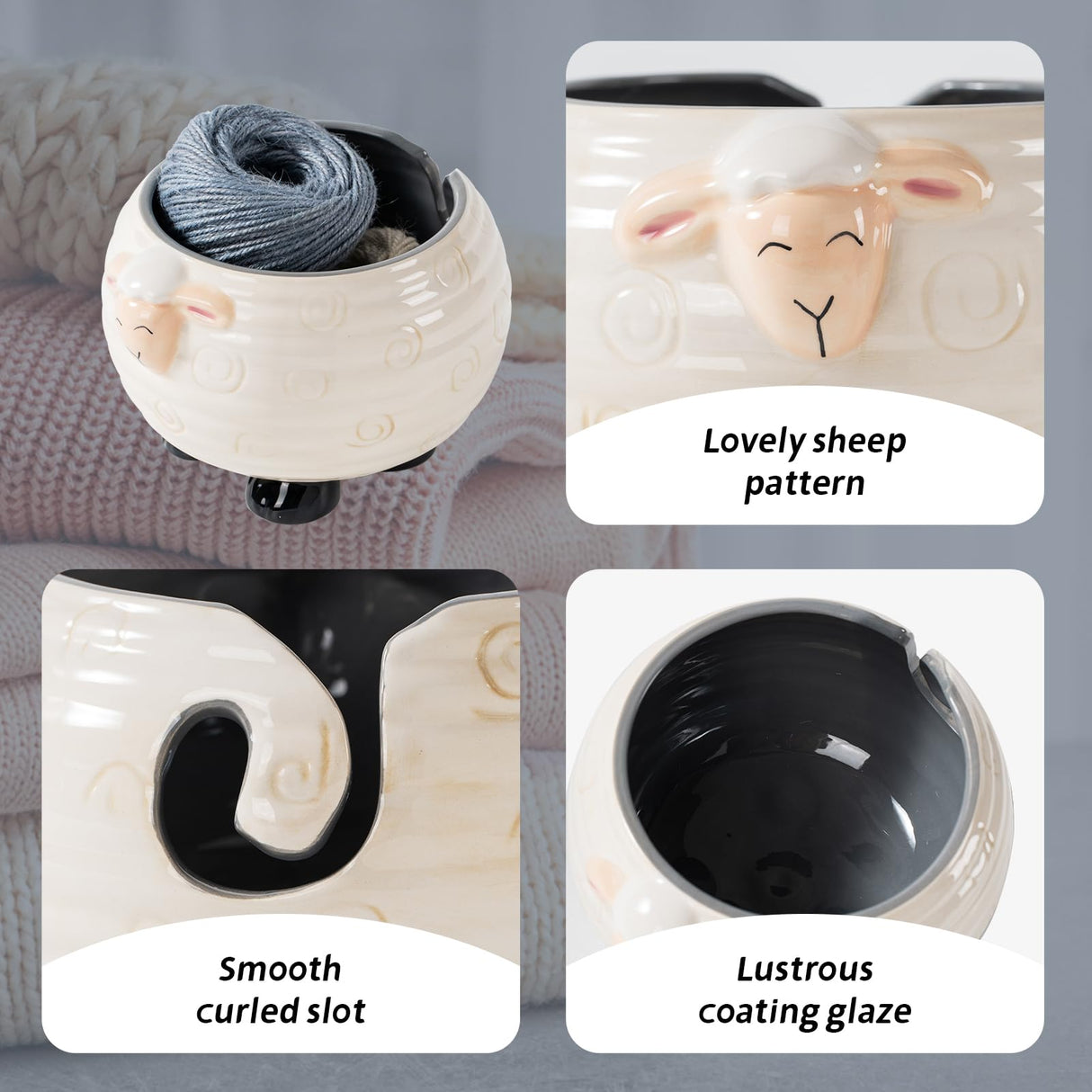Yarn Bowl for Crochet Large Sheep Shaped Ceramic Yarn Holder Crochet Bowl Knitting Bowl, 6 Inch Wide x 4 Inch High Surlama