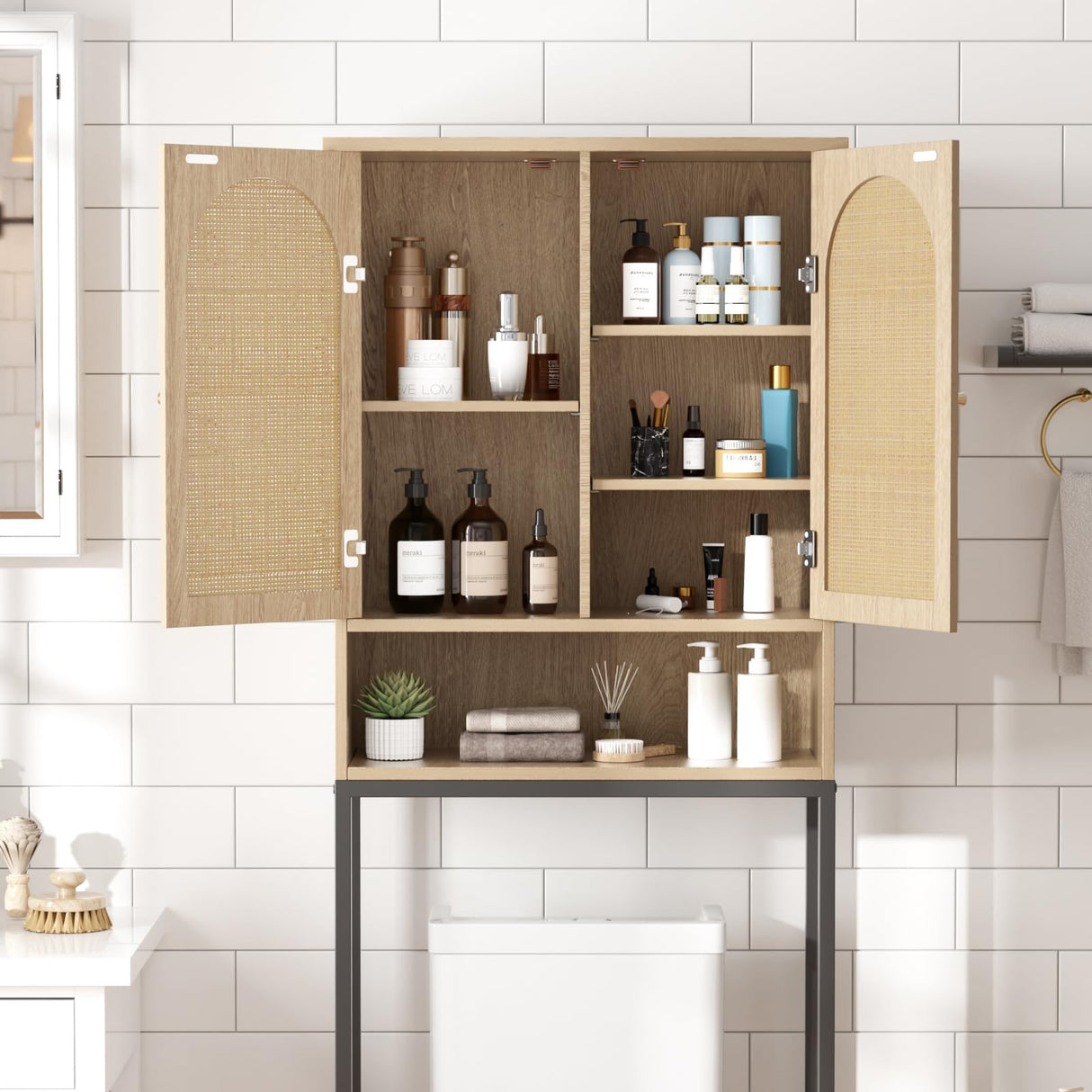 FiveWillowise Natural Rattan Over-The-Toilet Storage Cabinet with Adjustable Shelf and Metal Stand FiveWillowise