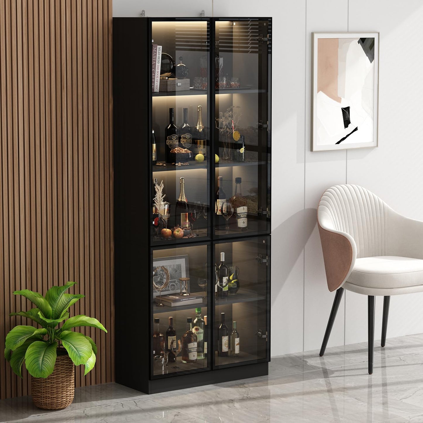 Homsee 5-Tier Black Bookcase with Glass Doors and LED Lighting for Stylish Storage - WoodArtSupply