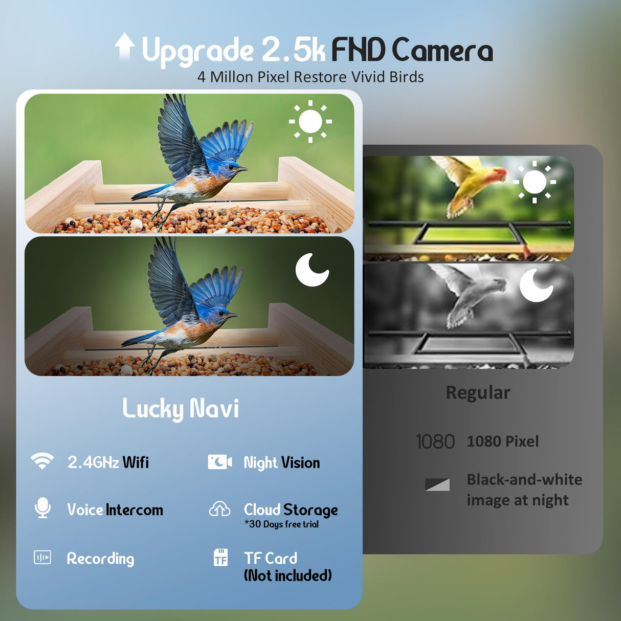 Smart Bird Feeder with 2.5K HD Camera, AI Identify Bird Feeder Solar & Battery Powered, Auto Capture Birds & Notify in Time, Bamboo Wooden Smart Bird Watching Feeder, Ideal Gift for Bird Lover(1.5L) LUCKY NAVI