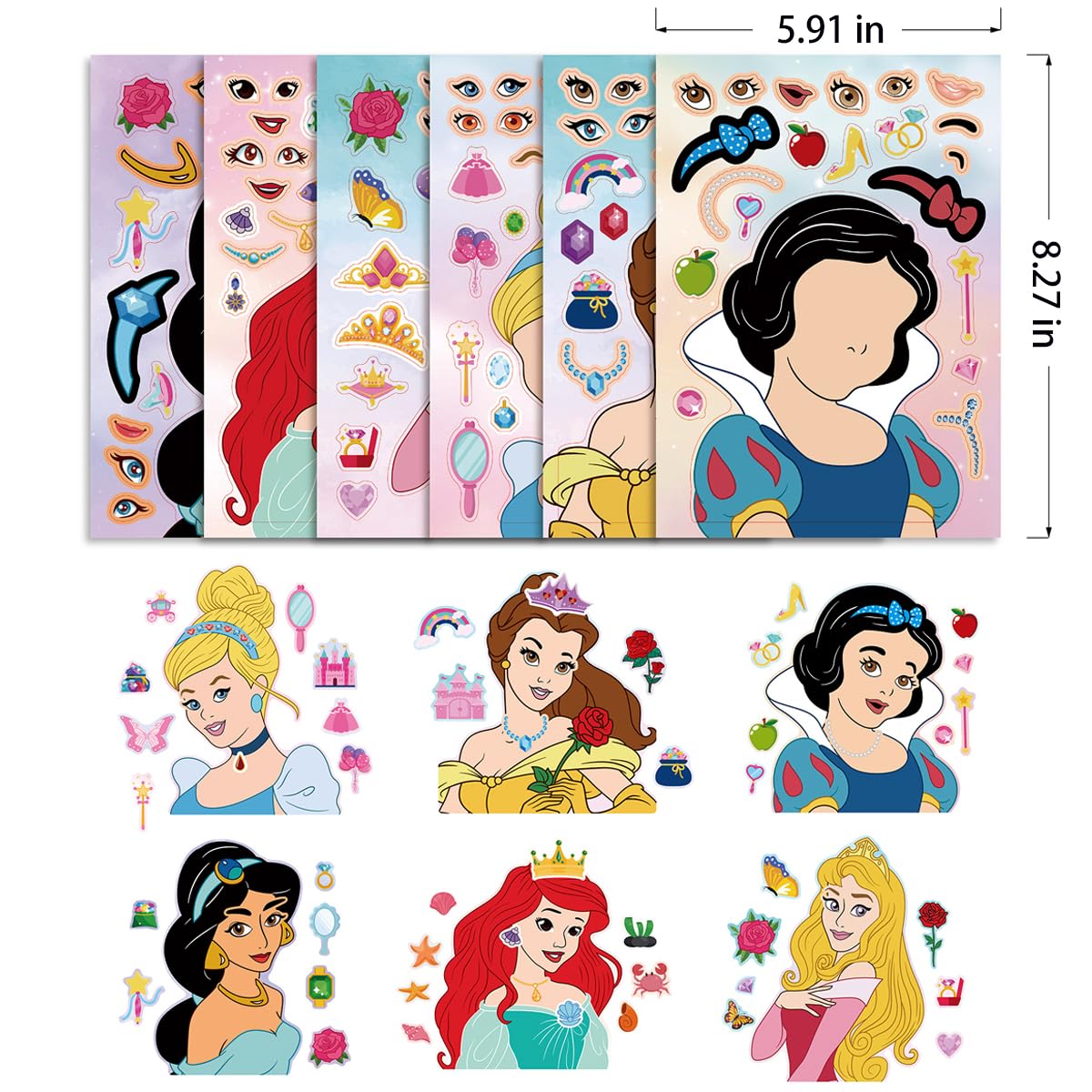 36 PCS Make-a-face Sticker Sheets Large Make Your Own Mix and Match Stickers for Kids Sticker Play Set Reusable Stickers Fantasy Kids Arts and Crafts Activity Party Favor Supplies Craft (Princess) Ahyuan