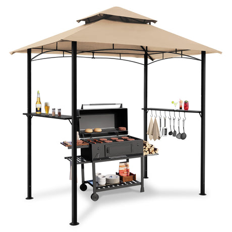 Raysfung 8'x 5' Grill Gazebo Canopy, Outdoor BBQ Gazebo with Led Light, Barbeque Gazebo Shelter for Patio(Khaki) Raysfung