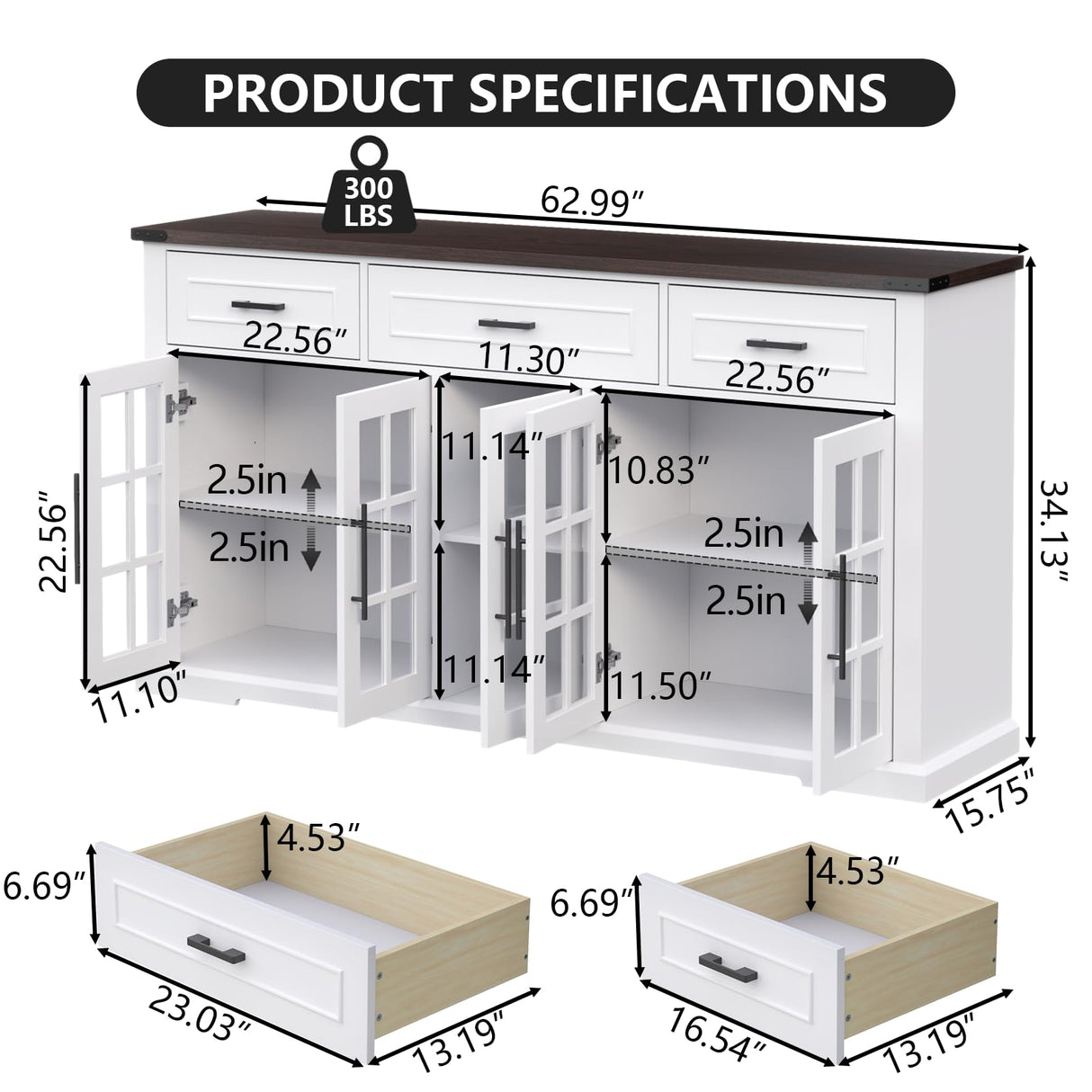 Buffet Cabinet with Storage, 63" Large Sideboard Cabinet with 3 Drawers & 5 Glass Doors, Modern Farmhouse Kitchen Cabinets Buffet Table with Adjustable Shelf, Coffee Bar Cabinets for Living Room Gyfimoie