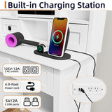 MECHYIN Farmhouse Makeup Vanity Desk with Sliding Mirror, Vanity Set with Stool & Charging Station & 3 Brightness Lights, Ample Storage, Dressing Table for Women Girls Bedroom, White MECHYIN