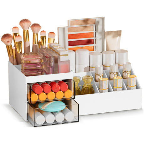 Subsky Makeup Organizer with Drawers, Easy Storage for Beauty Products Brushes, Multifunction Plastic Desk Organizer, Cosmetics Organizer for Countertop Dresser Vanity and Bathroom (White) Subsky