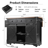 53.8" Farmhouse Kitchen Island on Wheels with Power Outlet, 2 Sliding Barn Door Kitchen Storage Island with Drop Leaf, Spice & Towel Rack, 3 Drawers Rolling Kitchen Cart for Kitchen Dining Room, Black BAOMKONG