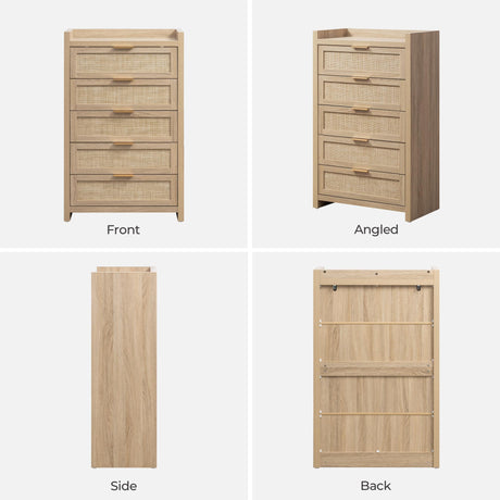 SICOTAS Dresser for Bedroom Chest of Drawers 46" Tall Dresser for Closet with 5 Rattan Drawers Boho Night Stand Large Clothes Storage Cabinet for Living Room Hallway Nursery Entryway SICOTAS