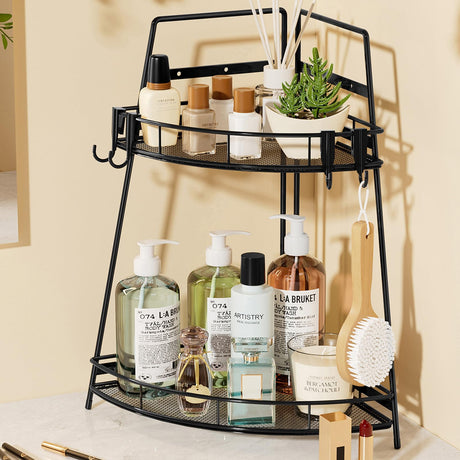 VITVITI 2 Tier Corner Bathroom Counter Organizer, Metal Bathroom Countertop Organizer Shelf Storage, Bath Room Sink Makeup Organizers for Vanity Perfume Skincare with Hooks, Black VITVITI