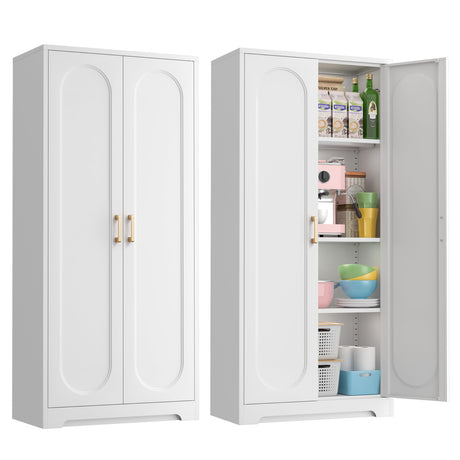 Kubohogar White Pantry Cabinet with Doors, 60" Tall Metal Pantry Cabinet with 3 Adjustable Shelves and Gold Handles, Kitchen Cupboard for Kitchen, Dining Room, Office Kubohogar