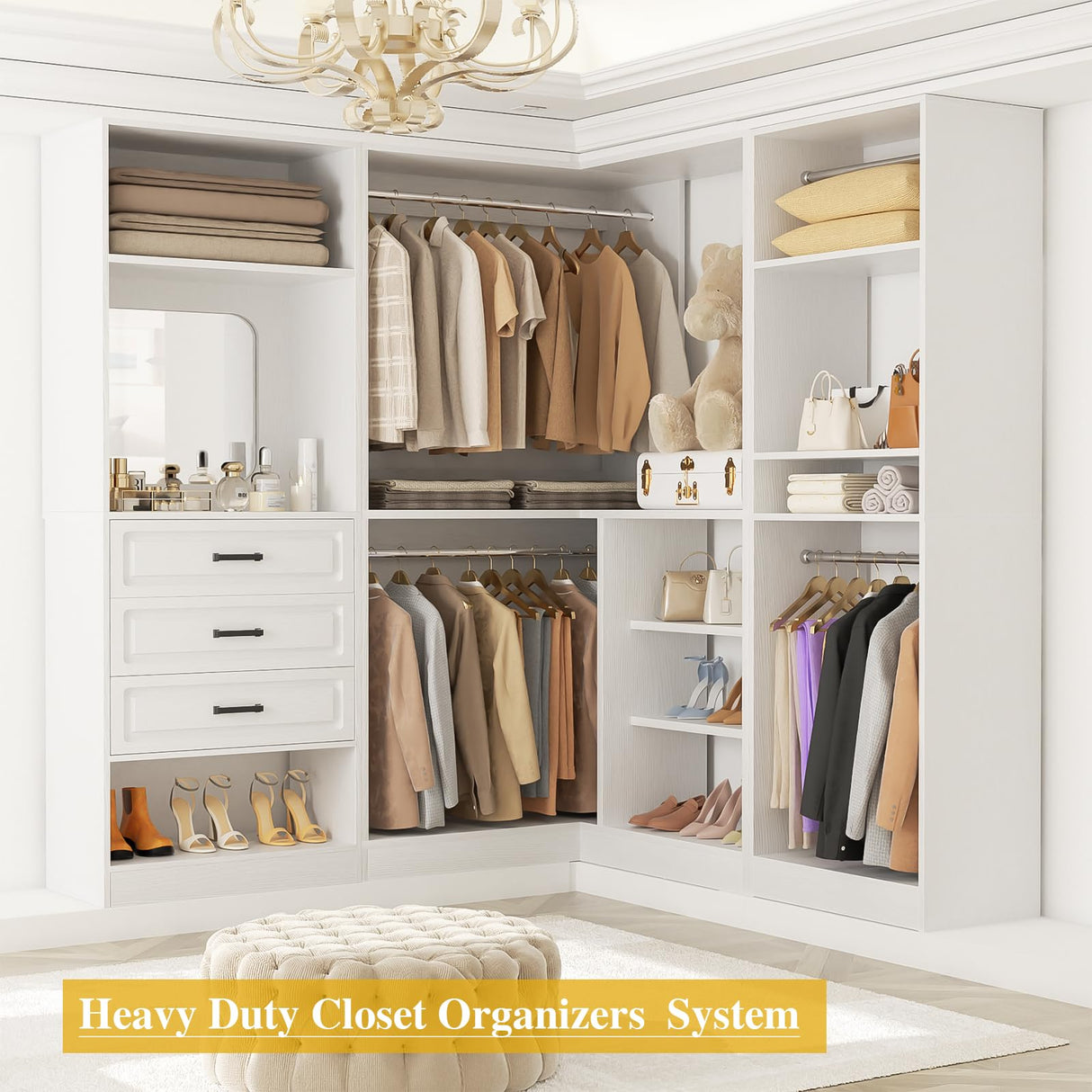 Unikito Closet System with Drawers，86” Modular Corner Closet Organizer System with Mirror，Freestanding Wood Wardrobe Organizer with Hanging Rods & Adjustable Shelves, Walk in Closet Tower, White Unikito