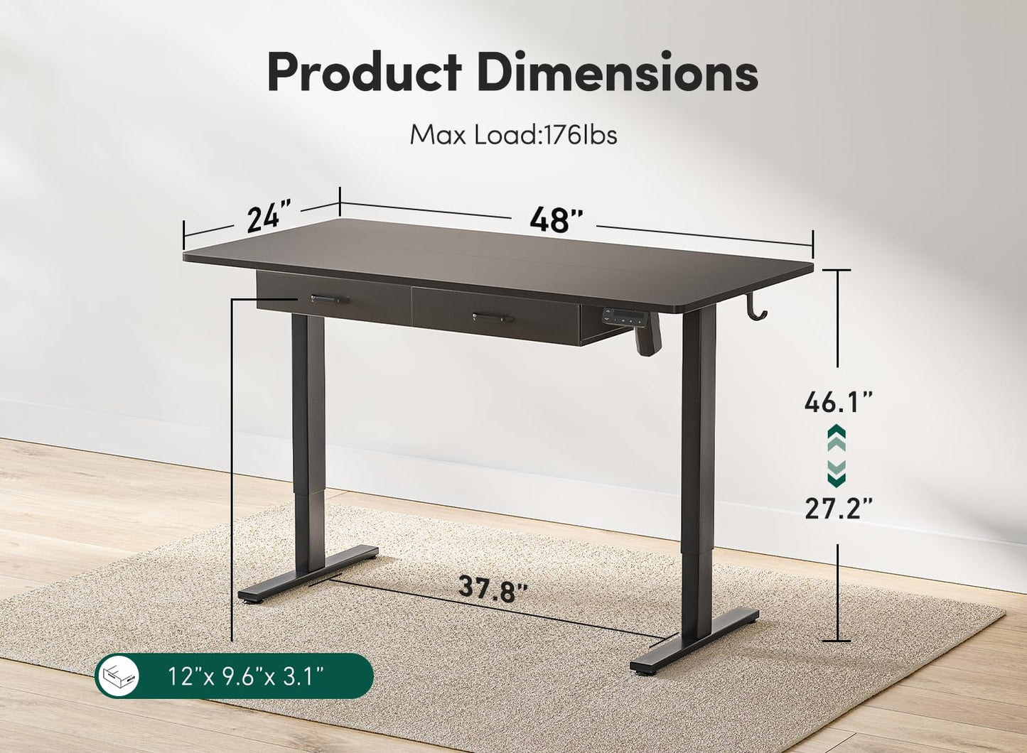 FEZIBO Adjustable Height Electric Standing Desk with Double Drawer, 48 x 24 Inches Stand Up Home Office Desk with Splice Tabletop, Black Frame/Black Top - WoodArtSupply