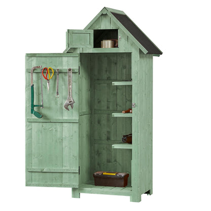 Shed Outdoor Storage Cabinet, Wood Garden Sheds with Floor, Outside Tool Outhouse Organizer with Waterproof Roof, Shelves and Lockable Door for Patio Hallway and Backyard (Green) - WoodArtSupply