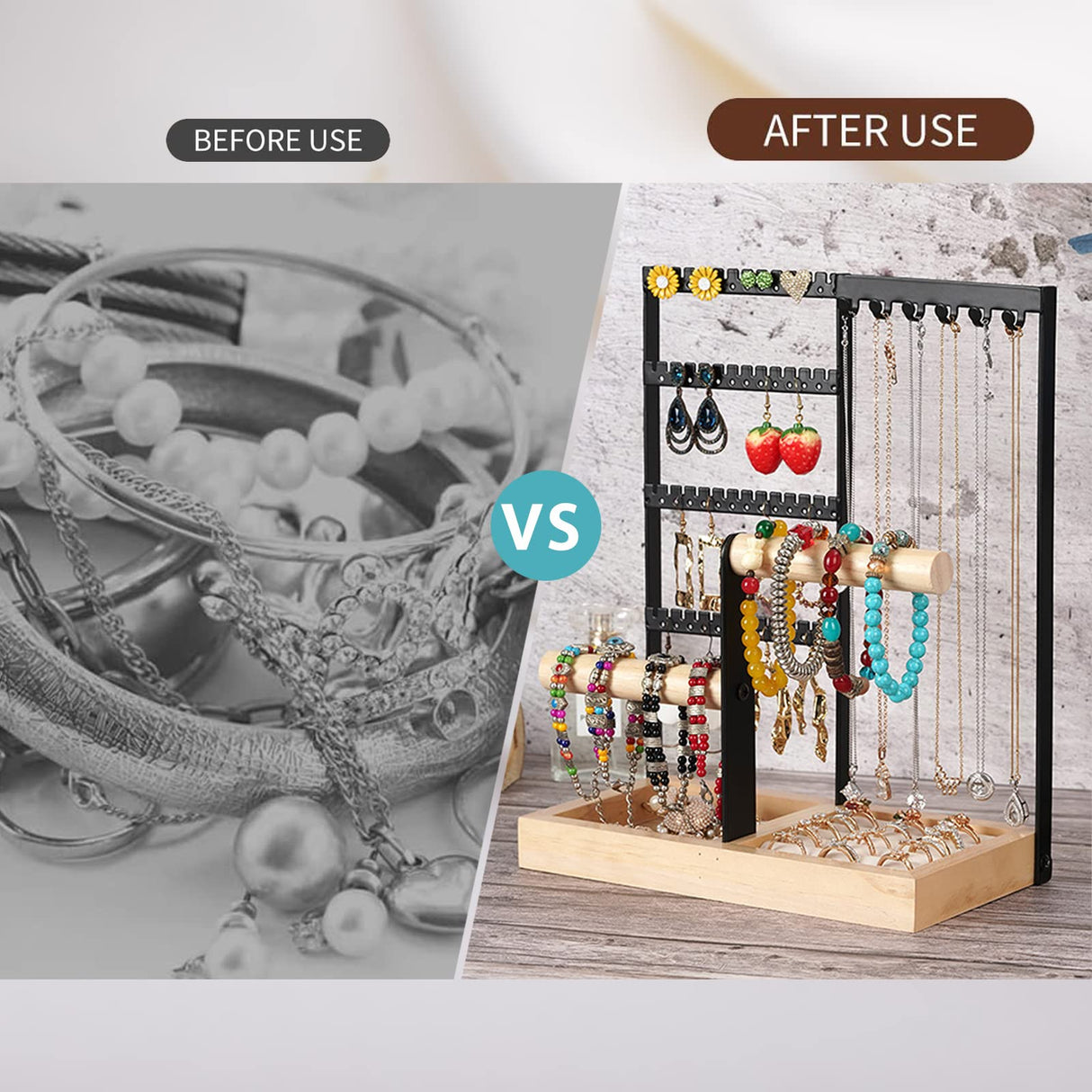 Jewelry Holder Organizer, 5-Tier Earring Organizer Stand with 48 Holes & Wood Ring Tray, 6 Hooks Necklace Bracelets Holder Tree, Black Jewelry Display Rack & Tower for Stud Watch, Aesthetic Room Decor ChezMax