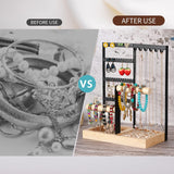 Jewelry Holder Organizer, 5-Tier Earring Organizer Stand with 48 Holes & Wood Ring Tray, 6 Hooks Necklace Bracelets Holder Tree, Black Jewelry Display Rack & Tower for Stud Watch, Aesthetic Room Decor ChezMax