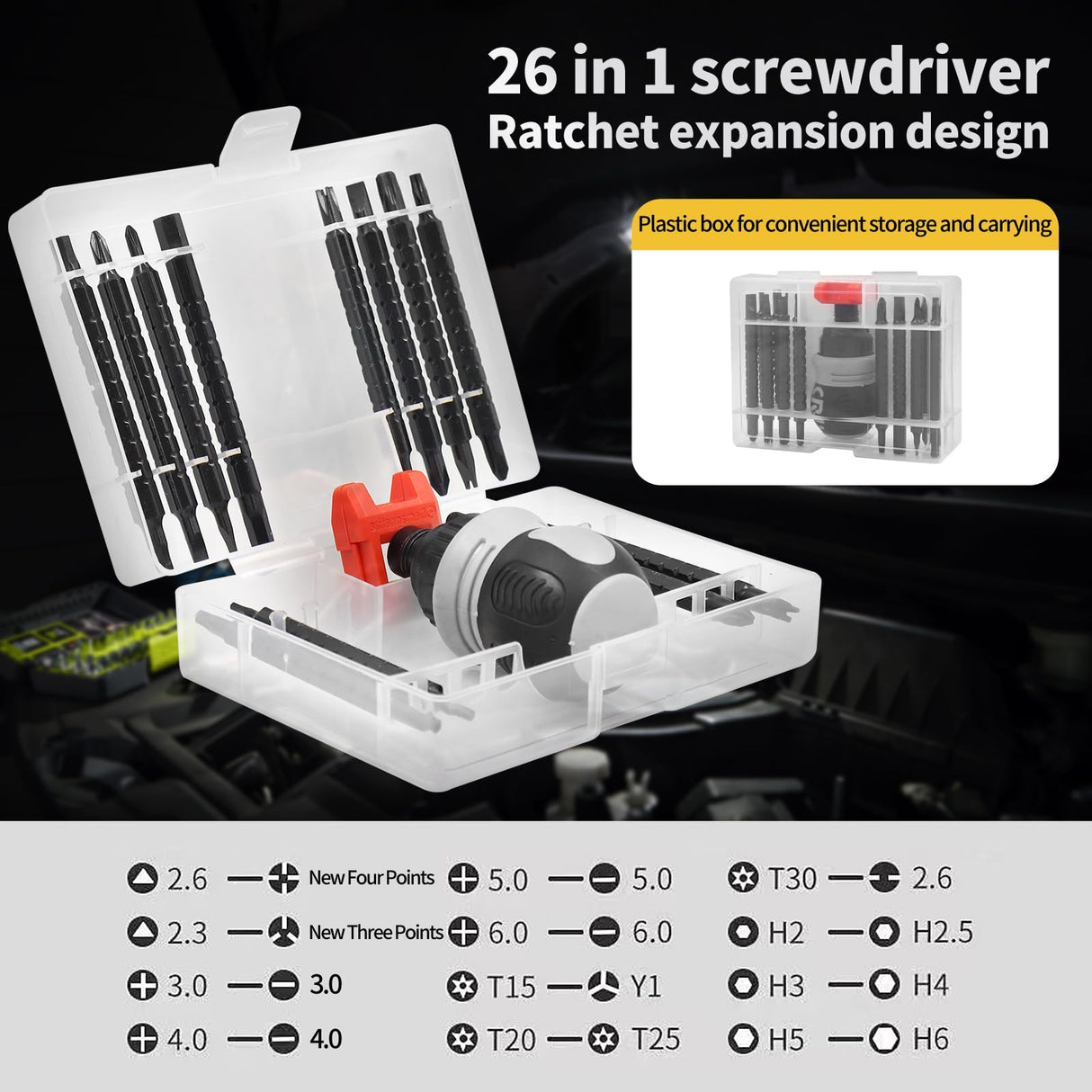 hyhenlil 26-in-1 Ratcheting Multi-Functional Double-Head Screwdriver with Storage Box, Stubby Repair Tool, Multi-Purpose Installation Tool, Removable/Adjustable/Reversible/Switchable/Portable hyhenlil