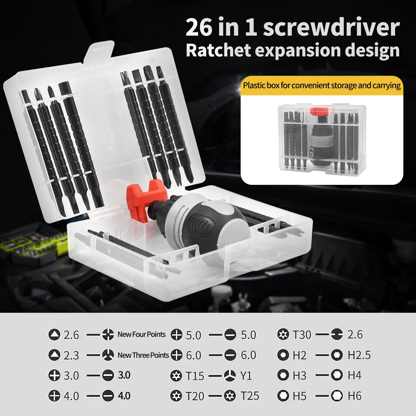 hyhenlil 26-in-1 Ratcheting Multi-Functional Double-Head Screwdriver with Storage Box, Stubby Repair Tool, Multi-Purpose Installation Tool, Removable/Adjustable/Reversible/Switchable/Portable - WoodArtSupply