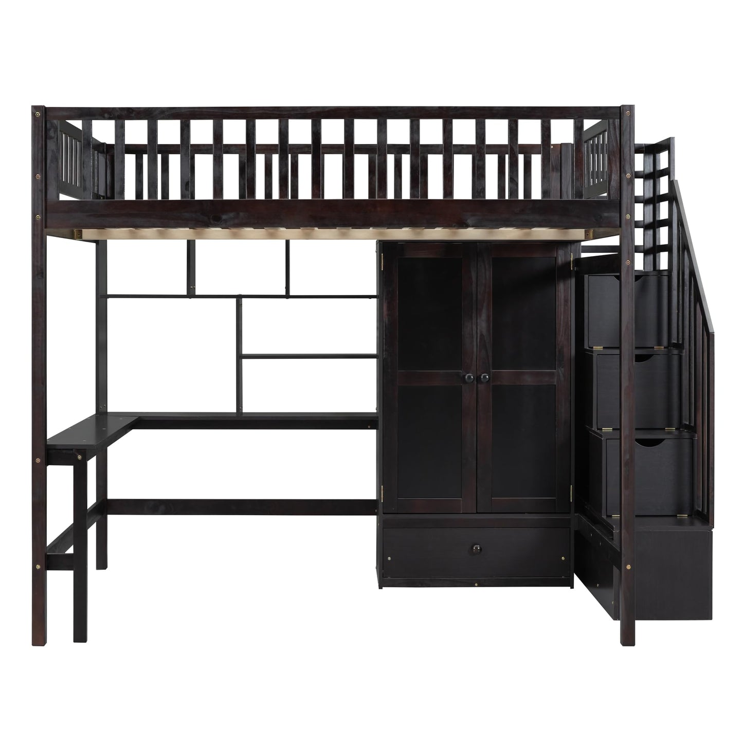 URTR Espresso Full Loft Bed with Storage Stairs, Wardrobe, and Desk for Optimal Space Utilisation - WoodArtSupply