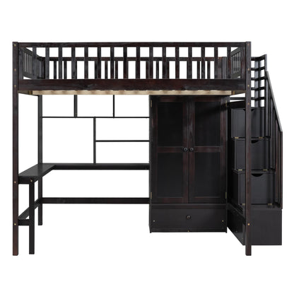 URTR Espresso Full Loft Bed with Storage Stairs, Wardrobe, and Desk for Optimal Space Utilisation - WoodArtSupply