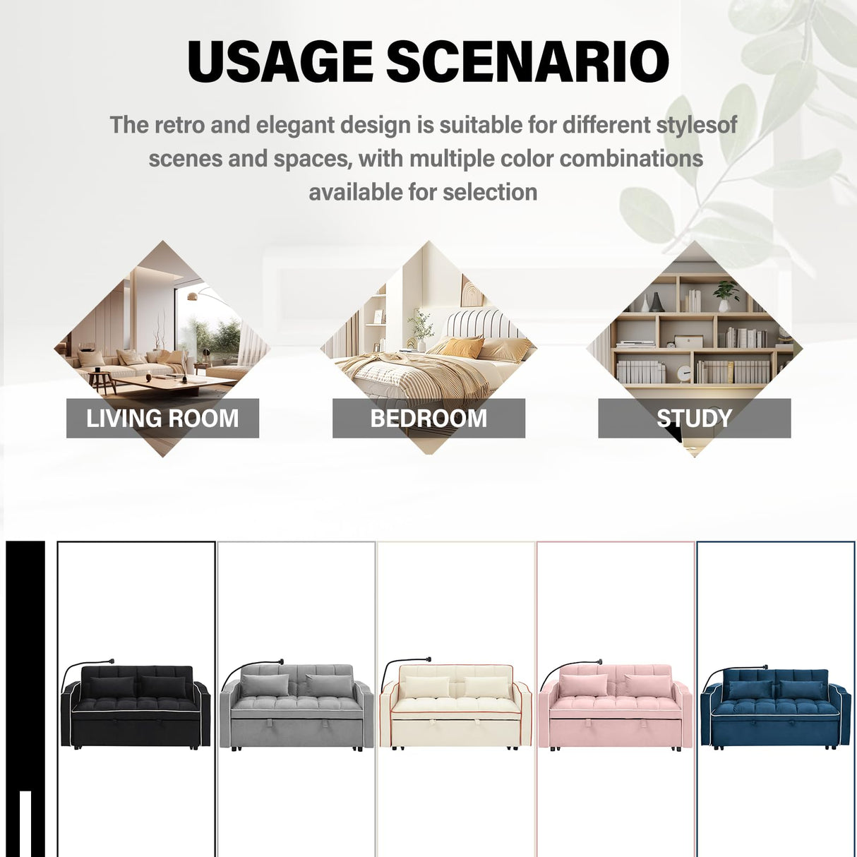 3 in 1 Sleeper Sofa Couch Bed,Velvet Convertible Loveseat Sleeper Sofa Bed,Pull Out Sofa Bed With USB Port & Ashtray and Swivel Phone Stand & Storage Pockets,Modern Sleeper Sofa for Living Room,Black WIIS' IDEA