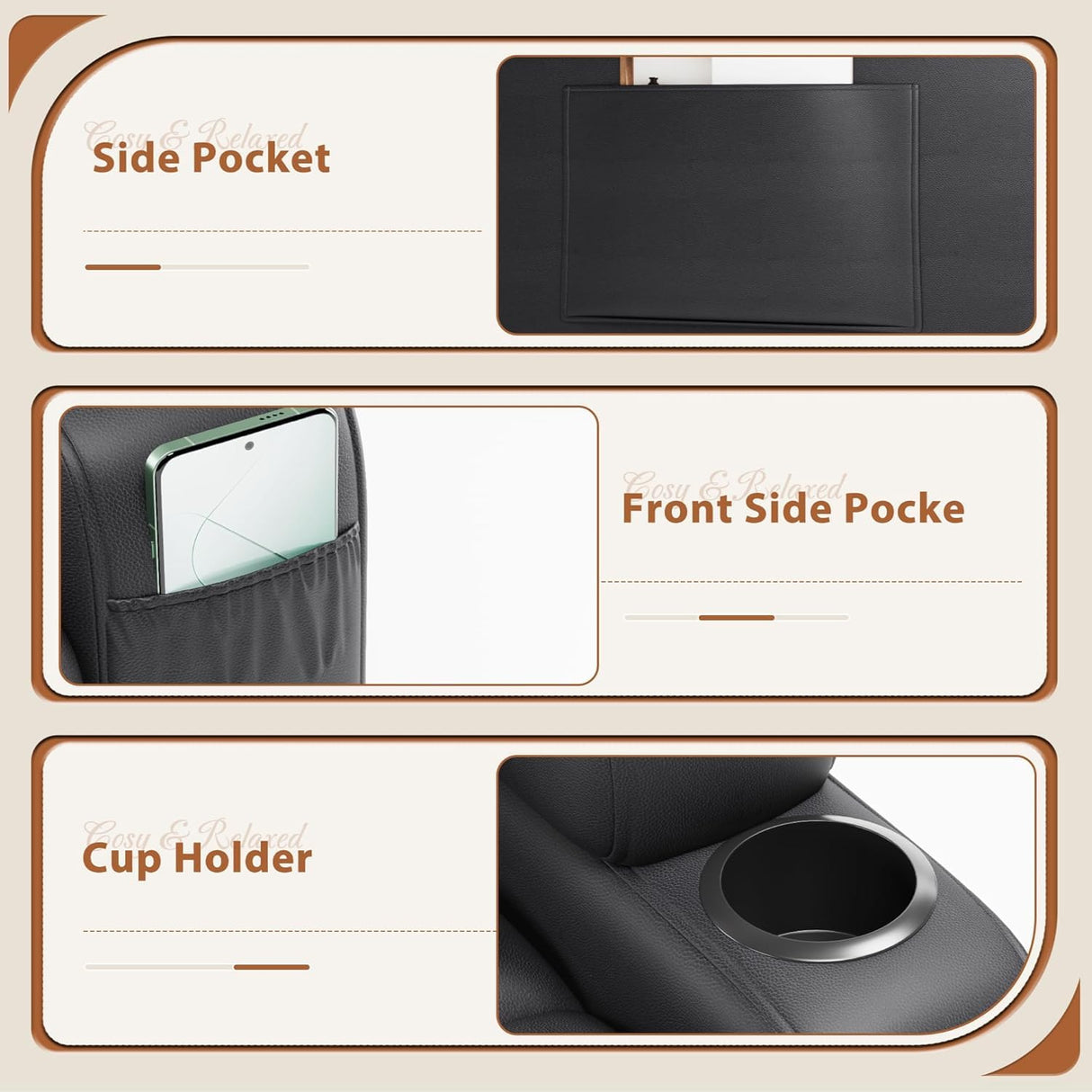 Flamaker Swivel Rocker Recliner Chair with Vibration Massage, 360° Swivel Recliner Chairs for Adults Ergonomic Lounge Chair with Cup Holders Lazy Boy Recliner Single Sofa Seat (Leather, Black) Flamaker