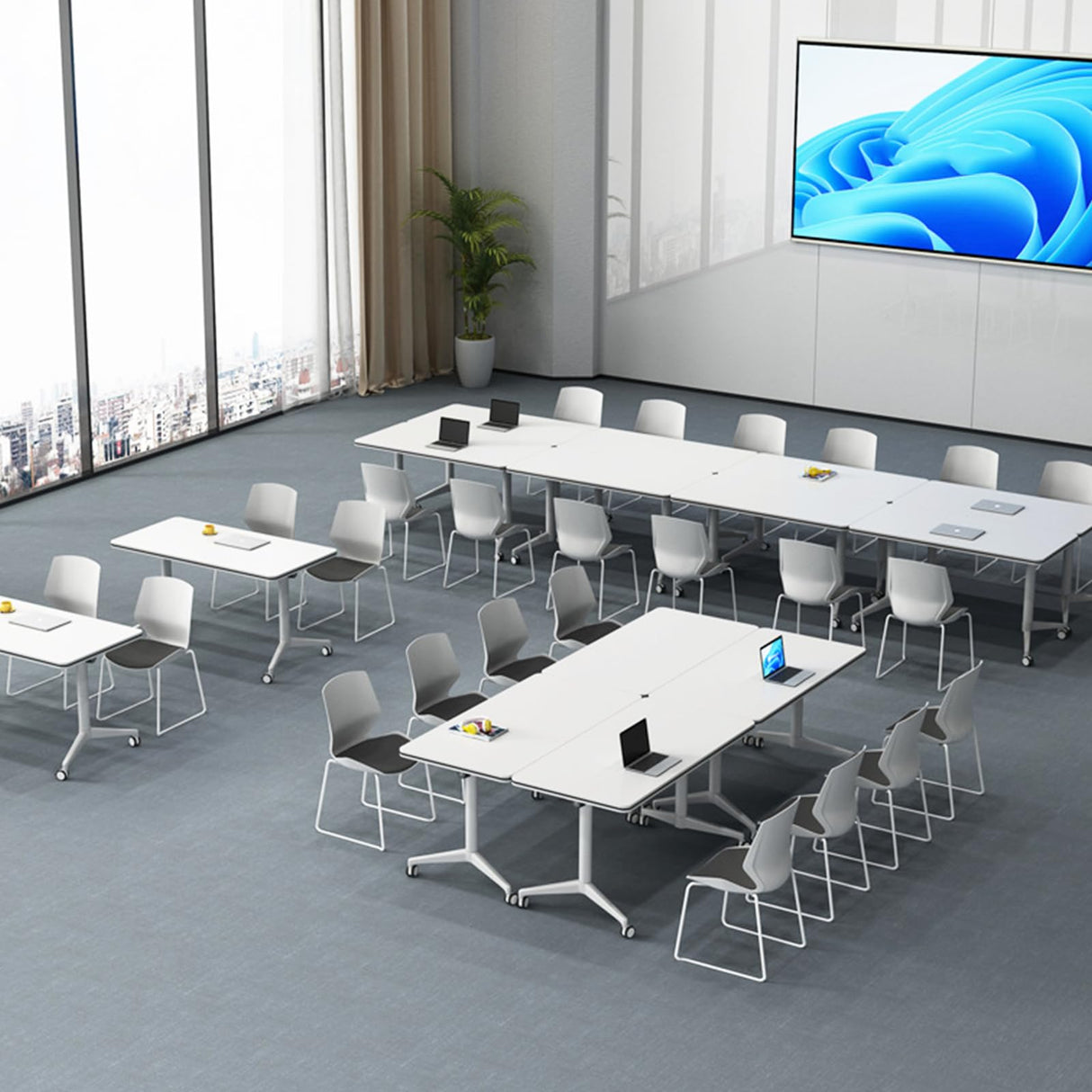 Ptosziav Conference Room Table Set of 4, Folding Conference Table Flip Top Mobile Training Table, Office Foldable Meeting Table Seminar Table Conference Room Tables with Wheels (140x60x75cm) Ptosziav