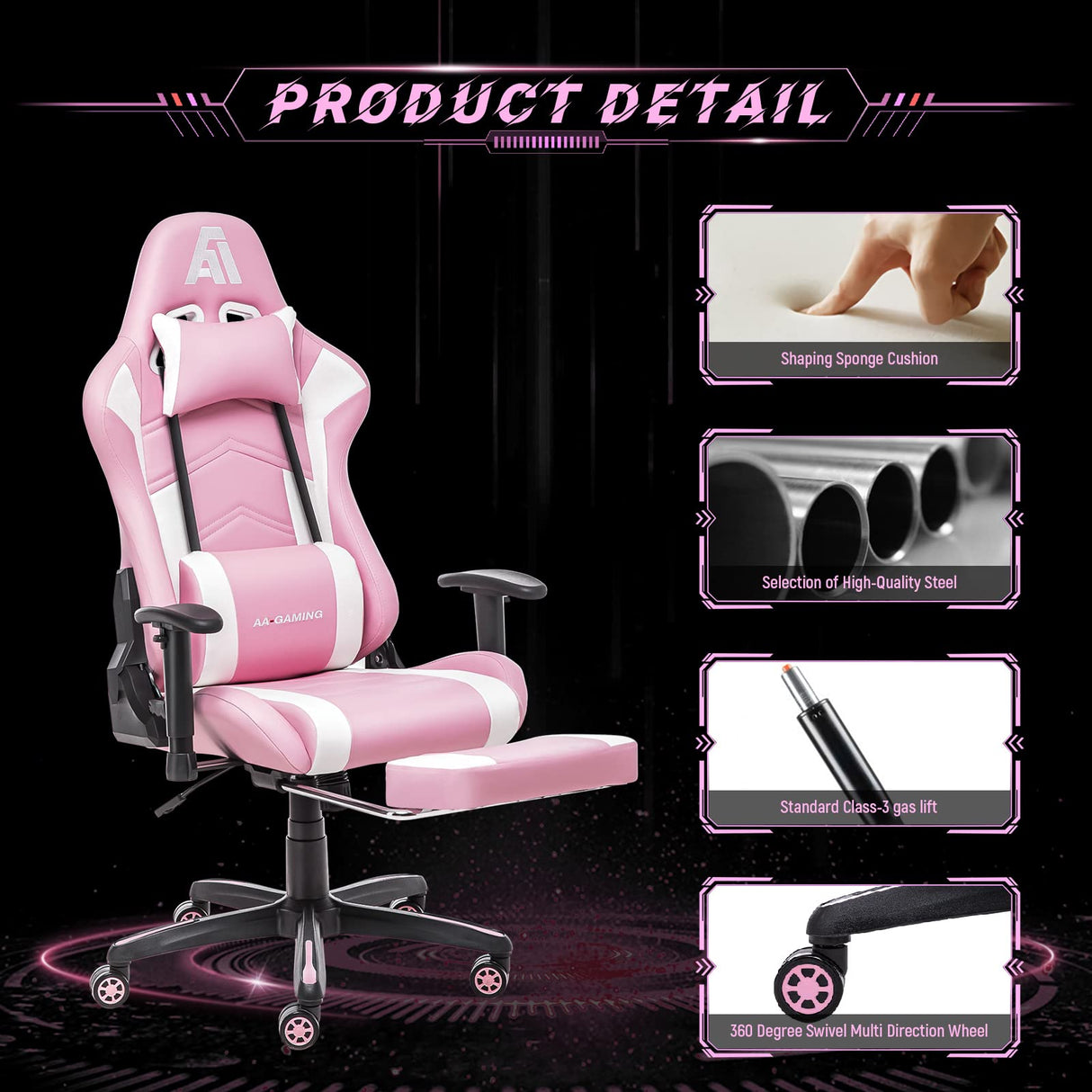 AA Products Gaming Chair Ergonomic High Back Computer Racing Chair Adjustable Office Chair with Footrest, Lumbar Support Swivel Chair - WhitePink AA Products Inc.