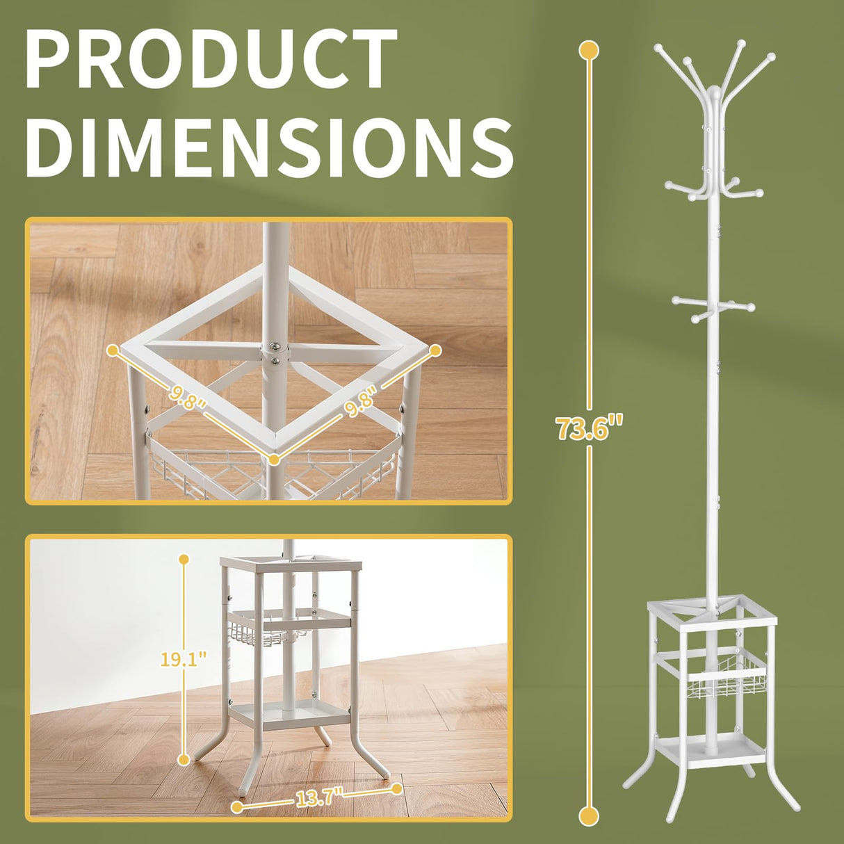 Yoobure Coat Rack Freestanding, Coat Tree with Umbrella Holder, Metal Coat Rack Stand with 12 Hooks, Modern Coat Hanger Stand for Entryway, Purse Rack Hat Rack Stand for Living Room Bedroom Office Yoobure