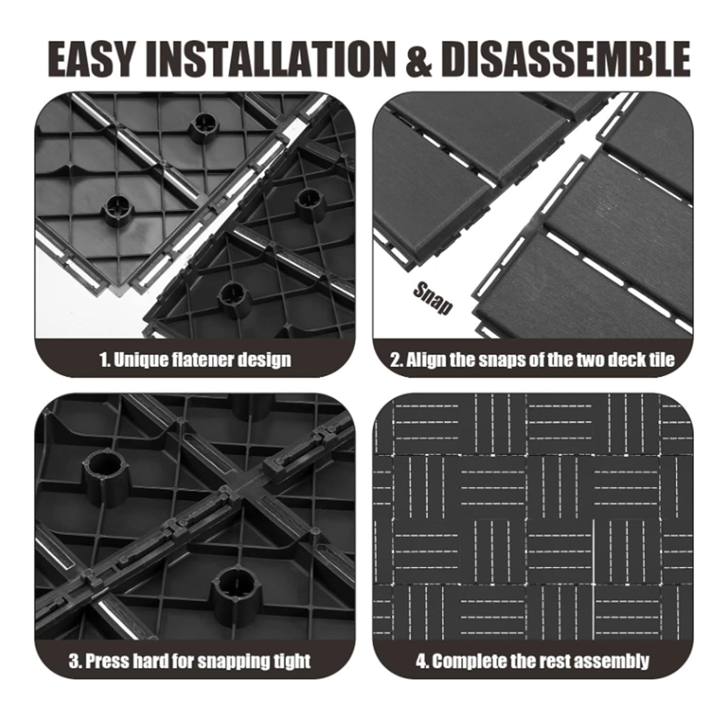 Plastic Interlocking Deck Tiles, Patio Deck Tiles,12"x12" Waterproof Outdoor Flooring All Weather Use, Patio Floor Decking Tiles for Porch Poolside Balcony Backyard, Dark Grey (36, Black, 12 * 12)