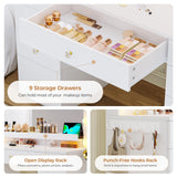 Hasuit Makeup Vanity Desk with Large Lighted Mirror and 9 Drawers, Large Vanity Desk with Storage Rack, Hook, Crystal Handle, White Bedroom Vanity Table Set with Charging Station, Lights Adjustable Hasuit