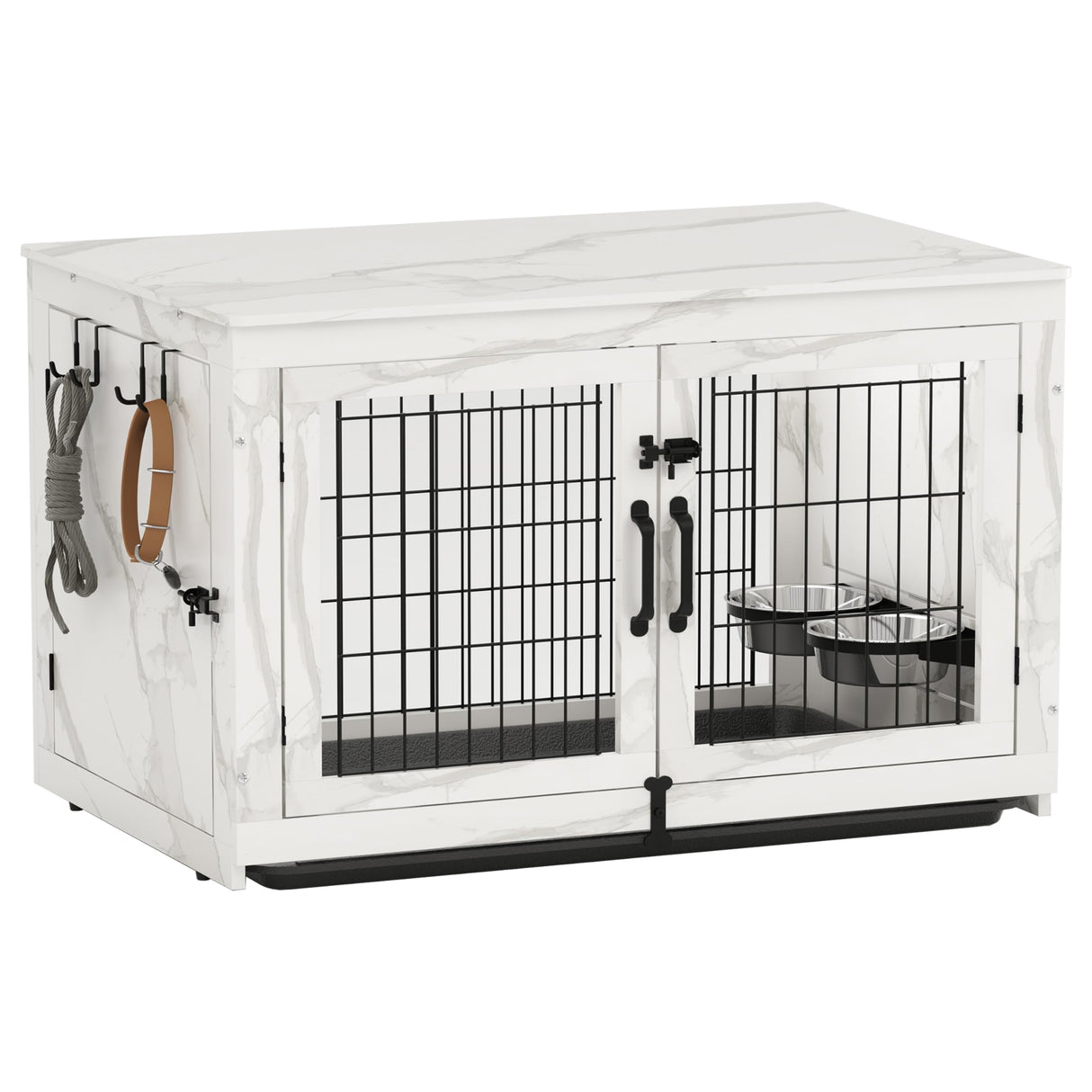 Piskyet Wooden Dog Crate Furniture with 360°Rotatable Removable Dog Bowls, Dog Crate End Table with Tray, Double Doors Dog Kennels forDogs(L:37.7" L*25.1" W*26.1" H, Marble White) Piskyet