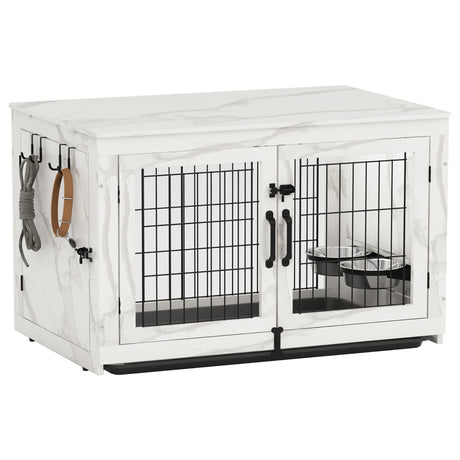 Piskyet Wooden Dog Crate Furniture with 360°Rotatable Removable Dog Bowls, Dog Crate End Table with Tray, Double Doors Dog Kennels forDogs(L:37.7" L*25.1" W*26.1" H, Marble White) Piskyet