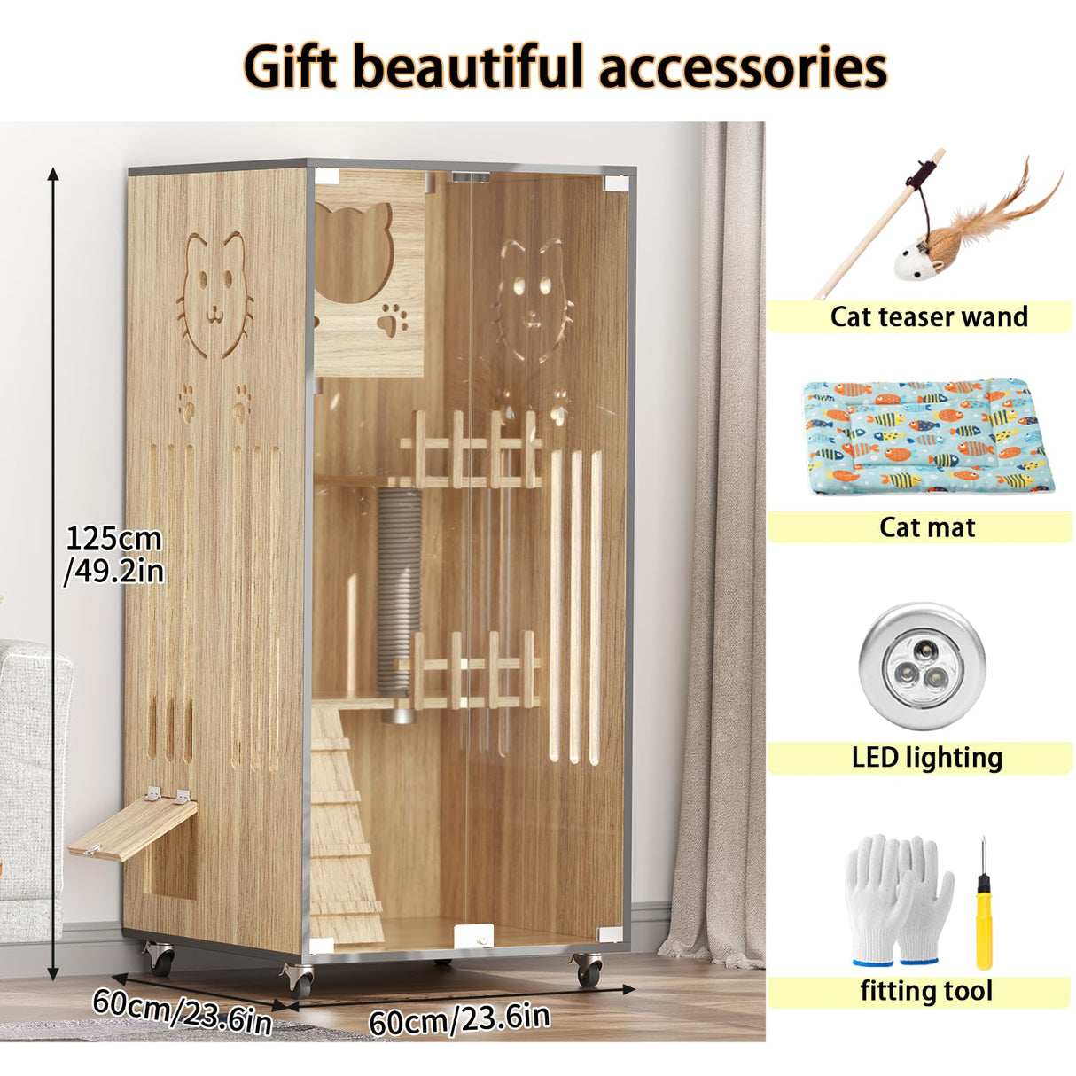 Wooden Cat House Large Space Cat Cage with Scratching Post, Wooden Indoor/Outdoor Cat Enclosure with Wheels, Multi-Feature Luxury Cat Villa for Indoor Cats Ventilation Glass Doors,50" X 24" X 24" HUATOL