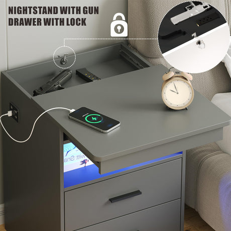 Nightstand with Gun Drawer Charging Bedside Table with USB & Type-C Port LED Night Stand with Human Sensor Design Modern End Table with Drawers for Bedroom Living Room Office, Grey FREDEES