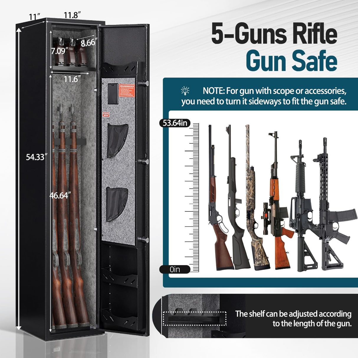 Xyvaly 5 Gun Safe,Gun Safe for Rifles and Pistols,Electronic Rifle Safe,Gun Cabinet for Home Rifle and Pistols,Gun Cabinet with Removable Shelf and Gun Rack (5-Gun Safe Assembled) Xyvaly