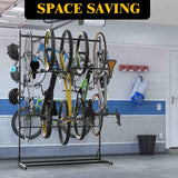 Lezbanz Freestanding Bike Storage Rack for 5 Bikes, 52" Wide Steel Vertical Bike Rack with 5 Bike Hooks & 6 Hooks for Helmet Storage, Bike Racks for Home and Garage, Indoor Floor Bike Stand Lezbanz