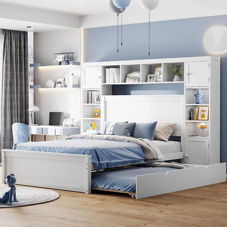 Full Storage Bed with Bookcase Headboard, Full Size Platform Bed with Trundle and 2 Storage Drawers, Solid Wood Full Size Bed Frame with Cabinet and Bookshelf, No Box Spring Needed - White Harper & Bright Designs
