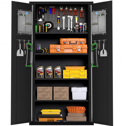 Superday 6-Tier Garage Storage Cabinet with Pegboard, 71" Metal Multifunctional Storage Cabinet with Doors and Shelves, Locking Cabinet with Adjustable Shelf for Warehouse, Basement - WoodArtSupply