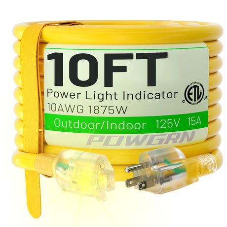 POWGRN 10 Ft 10/3 Outdoor Extension Cord Waterproof Heavy Duty 10 Gauge 3 Prong, Flexible Cold-Resistant Power Cord Indoor & Outside with Lighted Indicator End, 15Amp 1875W SJTW Yellow ETL Listed POWGRN