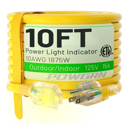 POWGRN 10 Ft 10/3 Outdoor Extension Cord Waterproof Heavy Duty 10 Gauge 3 Prong, Flexible Cold-Resistant Power Cord Indoor & Outside with Lighted Indicator End, 15Amp 1875W SJTW Yellow ETL Listed