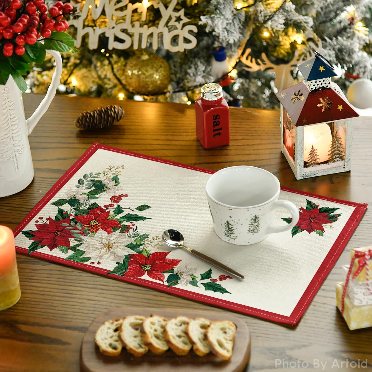 Artoid Mode Beige Leaves Poinsettia Christmas Placemats Set of 4, 12x18 Inch Seasonal Winter Table Mats for Party Kitchen Dining Decoration Artoid Mode