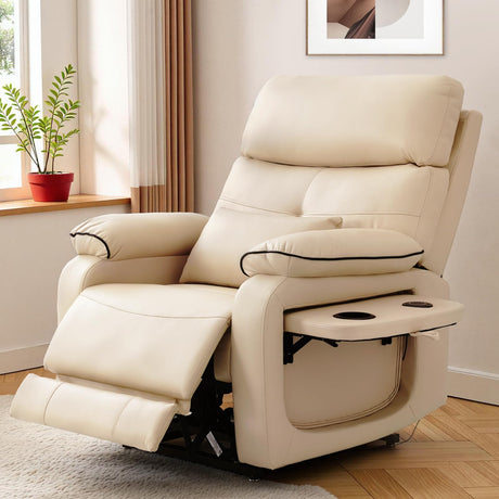 Dual Motor Power Lift Recliner Chair for Adult & Elderly, Infinite Position Lay Flat Lift Chair with Heat & Massage, Cup Holder, Lumbar Pillow, Wireless Charger, USB Ports, Leather (Beige) RESTREAL