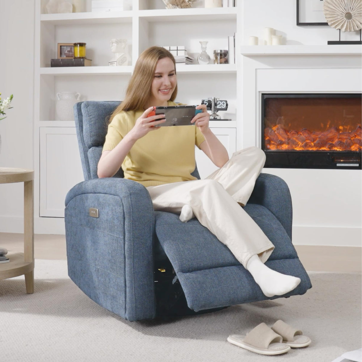 Watson & Whitely Swivel Power Recliner Glider Rocker, Small Recliner with Charging Port for Living Room, Fabric in Blue Watson & Whitely