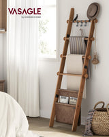 VASAGLE Blanket Ladder for Living Room, 5-Tier Wooden Ladder Shelf, Decorative Farmhouse Blanket Rack with Synthetic Leather Bag, Metal Hooks, Side Hooks, for Bedroom, Caramel Brown ULLS022K01 VASAGLE