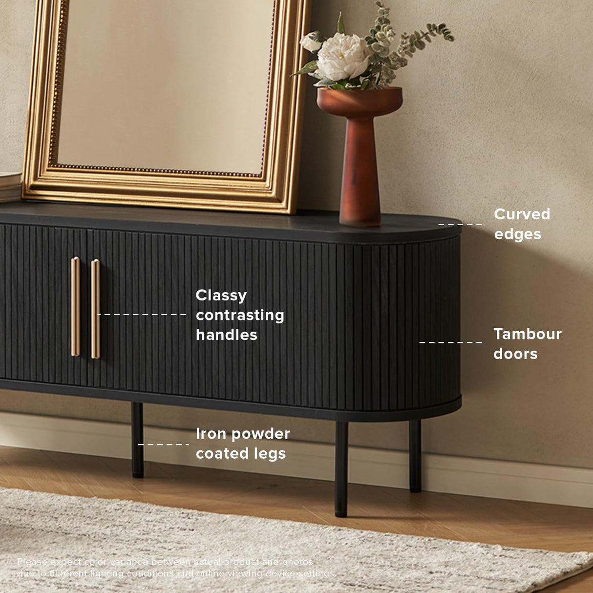 mopio Quin 59" Tambour TV Stand, Fluted Entertainment Center, Mid Century Modern TV Console, Television Stands for 65 Inch TV, Wood Media Storage Cabinet, Table Stand, Living Room (Black) mopio