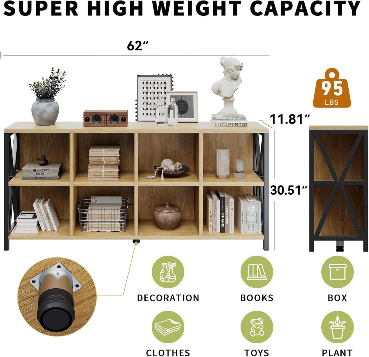 CABZOON 63" 8 Cube Horizontal Bookshelf Long Bookshelf Wood Cube Storage Organizer Wood Cubby Bookcase for Living Room Maple CABZOON