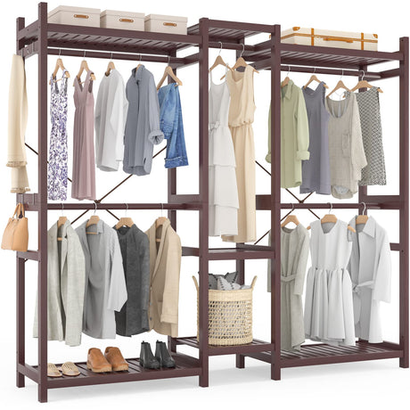 Homykic Bamboo Closet System Clothes Rack, Large Freestanding Garment Rack Clothing Rack for Hanging Clothes with 7 Storage Shelves and 5 Rods, Open Wardrobe Organizer with 4 Hooks, Espresso Homykic