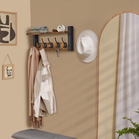 Sorbus Coat Hooks Wall Mount with Shelf – 16 Inch Coat Rack Wall Mount with 5 Heavy Duty Hooks – Floating Wall Shelf with Hooks for Entryway, Bathroom, Bedroom, Kitchen, or Mudroom (Rustic Brown) Sorbus
